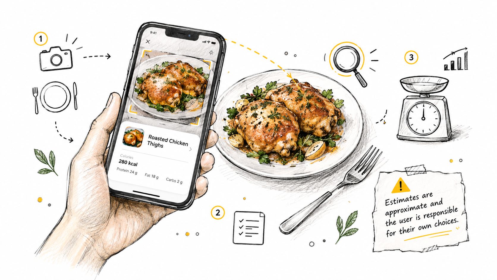 A hand holding a smartphone scanning a plate of roasted chicken thighs to display nutritional information.