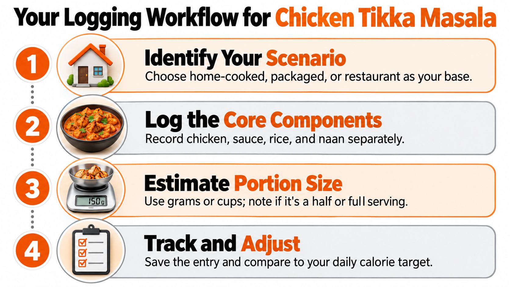A four-step infographic illustrating a simple workflow for logging calories of a Chicken Tikka Masala meal.