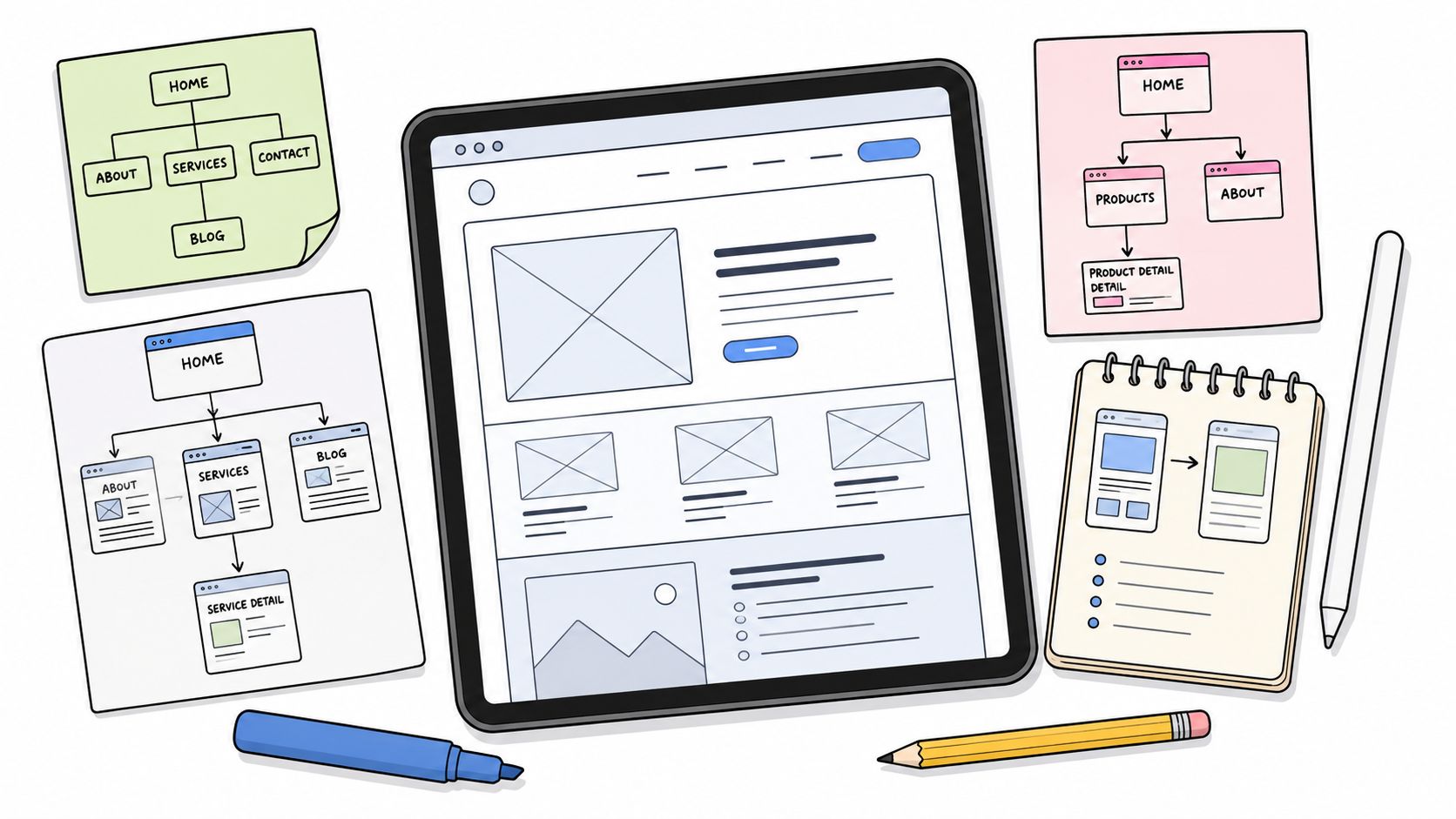 A tablet displaying website wireframes surrounded by sketches and planning notes for a web page redesign project.