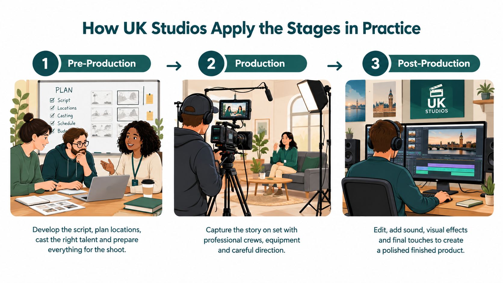 An infographic illustrating the three production stages of filmmaking: pre-production planning, actual production filming, and post-production editing.