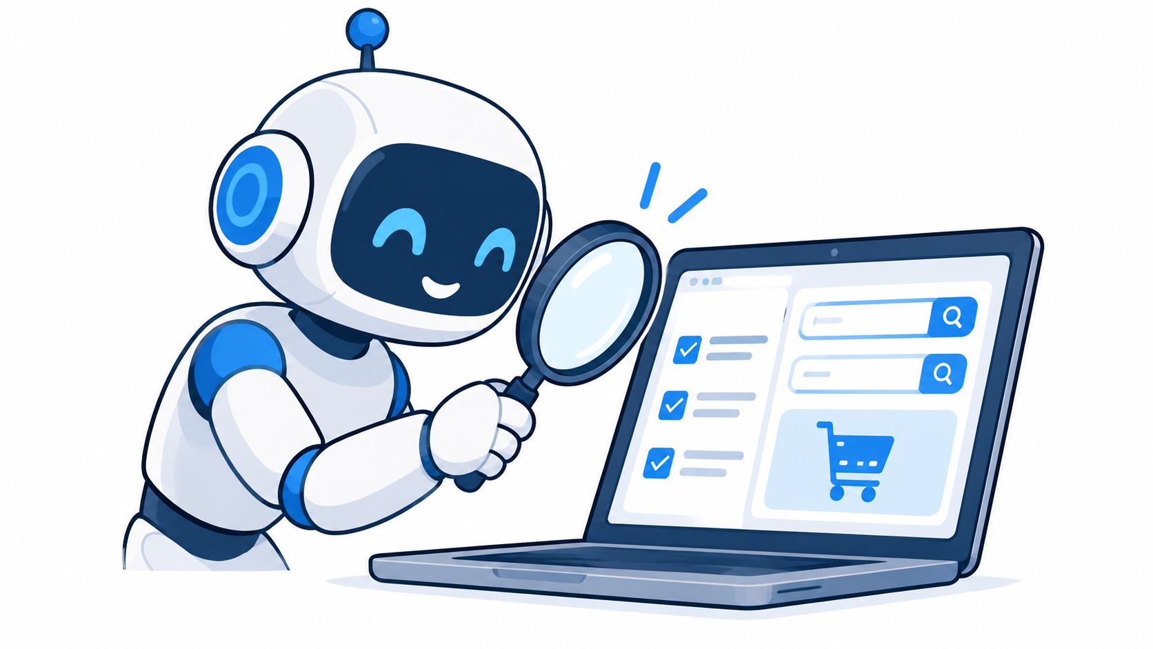 A friendly white and blue robot using a magnifying glass to inspect a web page on a laptop.