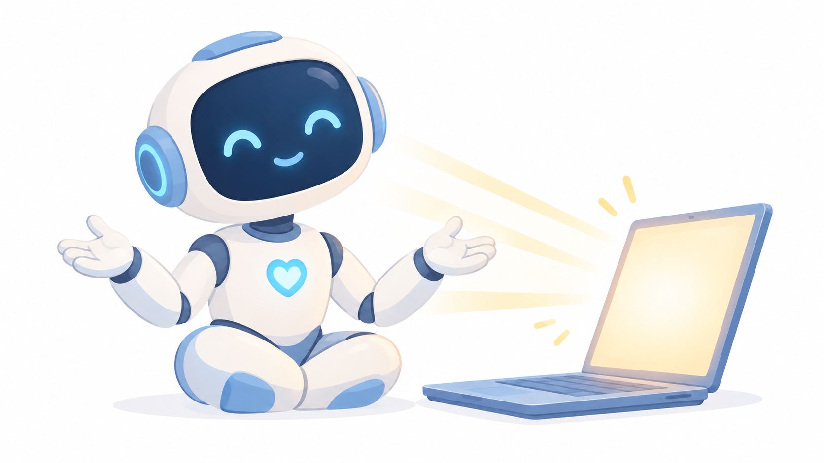 A cute, friendly AI robot sitting and gesturing towards a glowing, open laptop screen on the floor.