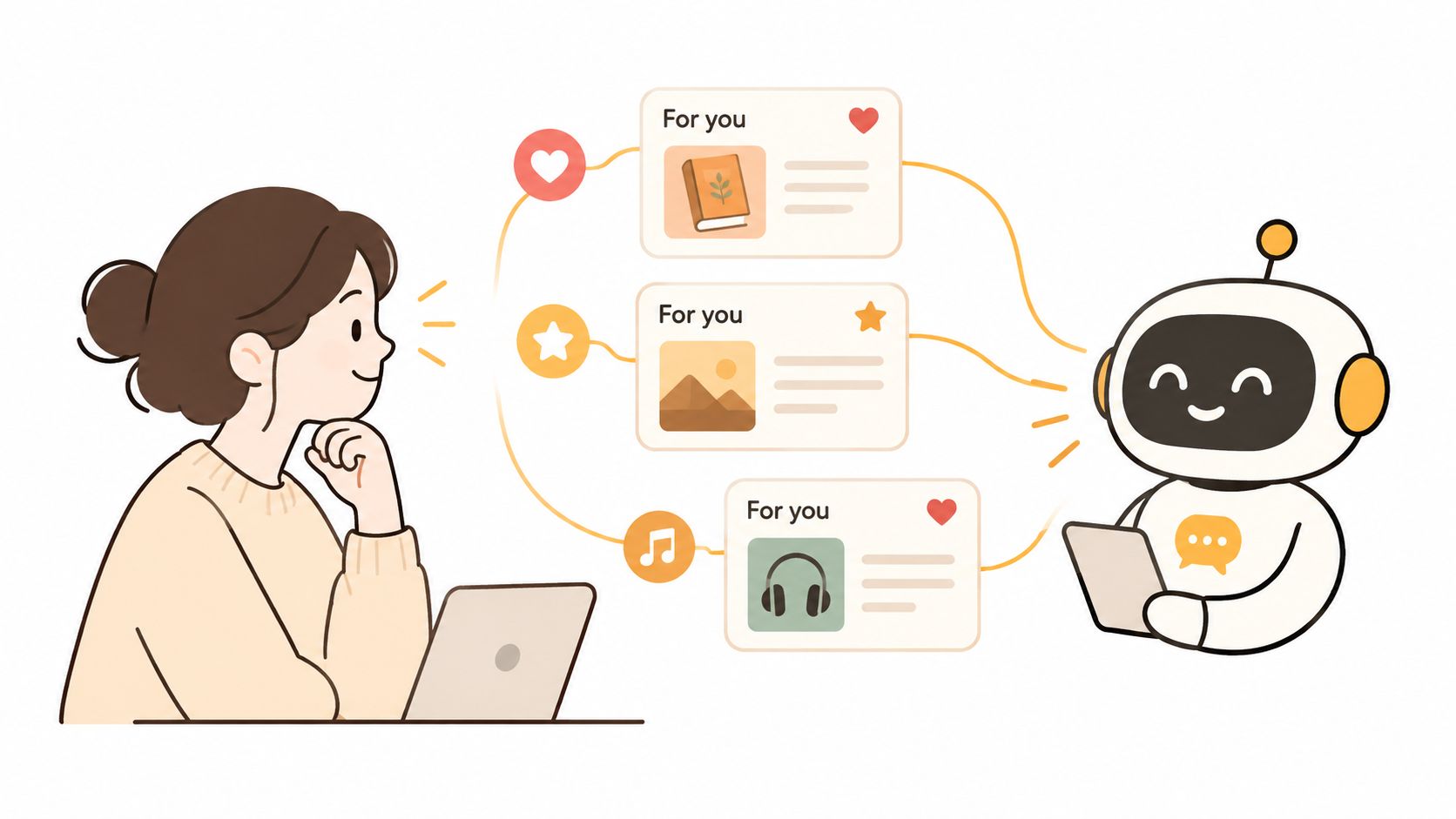 A girl looks at a robot providing personalised content recommendations shown on digital cards.