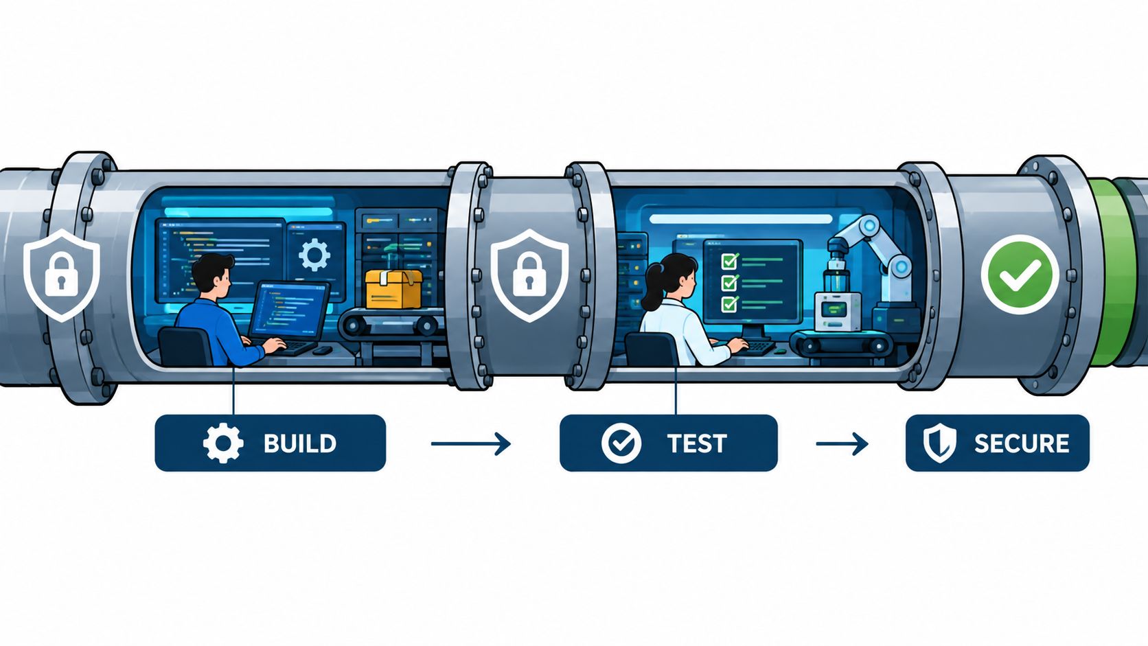 An illustration showing two stages of a software development pipeline labeled BUILD, TEST, and SECURE.
