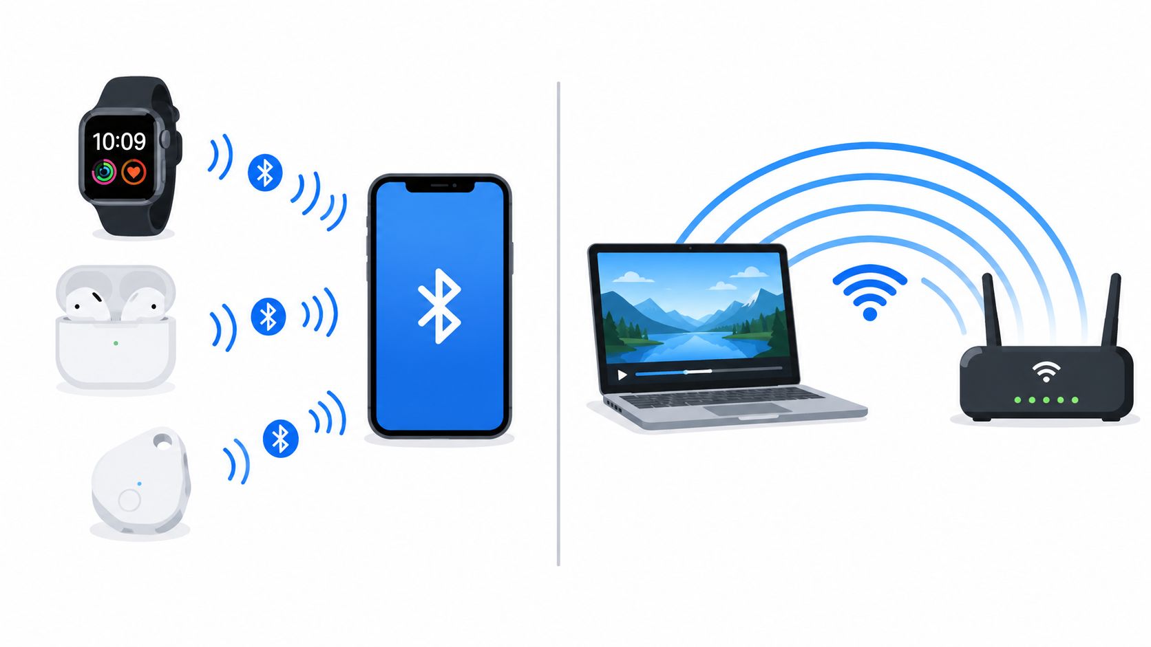 A diagram comparing Bluetooth device connectivity with a smartphone versus Wi-Fi internet connectivity for a laptop.