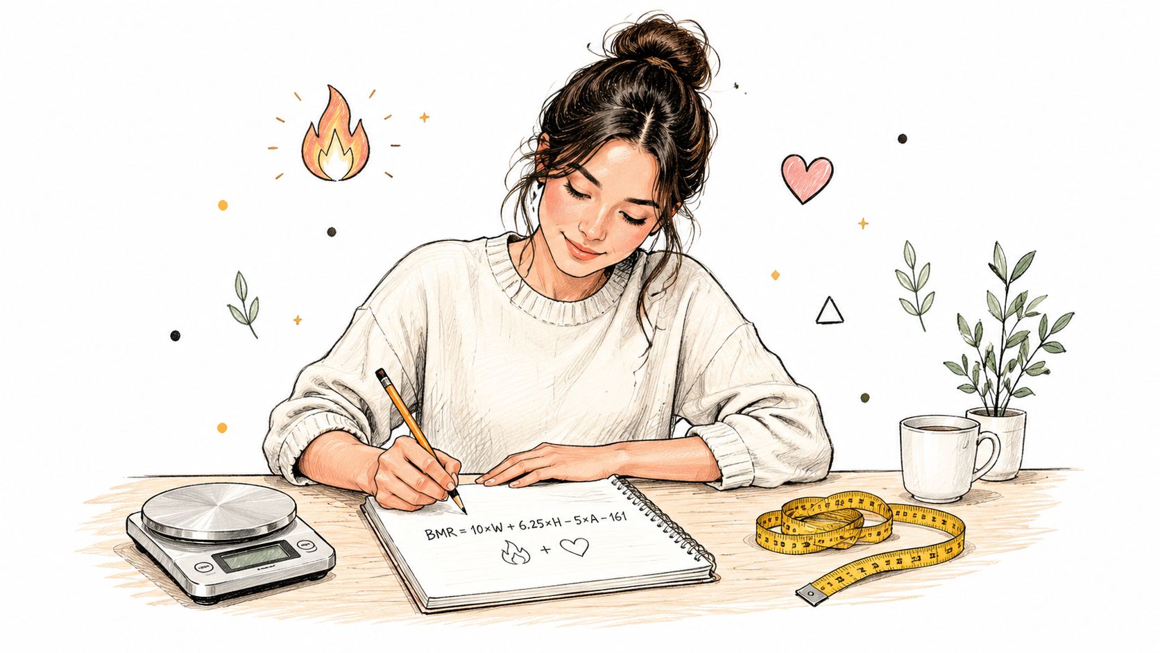 A woman sketching a formula for BMR in a notebook with health icons and wellness tools nearby.
