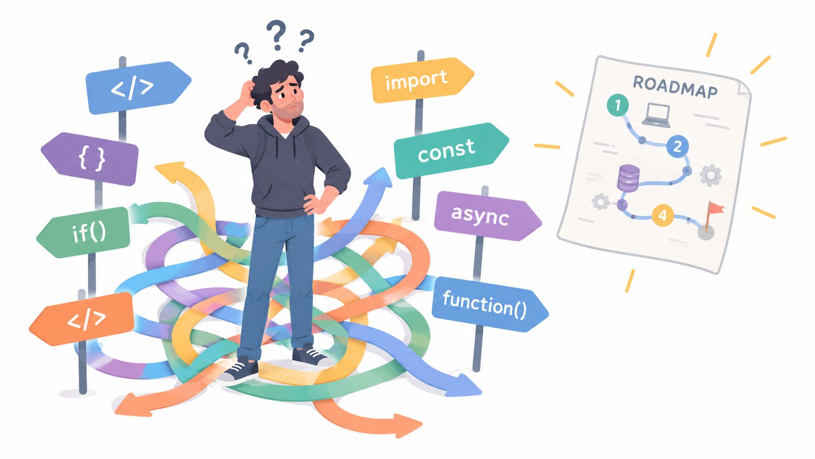 A confused programmer stands amidst tangled paths of code concepts while looking at a clear learning roadmap.