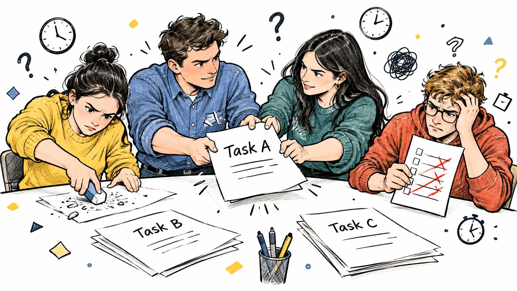 A team of four young professionals working on tasks together in a collaborative office setting.
