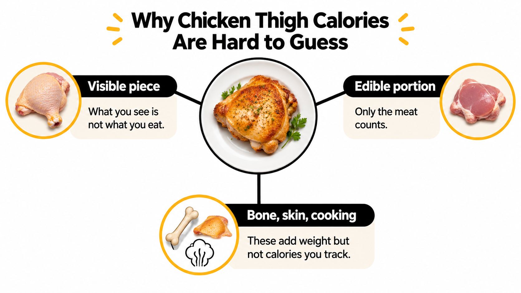 An infographic explaining why estimating calories in chicken thighs is difficult due to bone, skin, and cooking.
