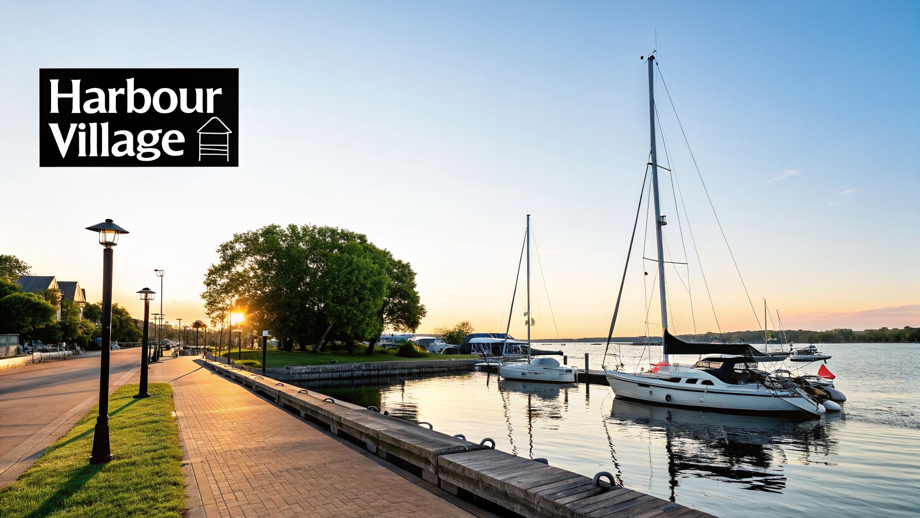 A tranquil harbor village at sunset, featuring sailboats docked along a promenade with streetlights.