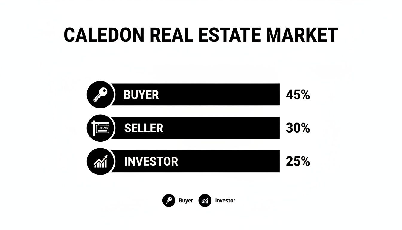 Infographic showing Caledon real estate market breakdown: 45% buyers, 30% sellers, 25% investors.