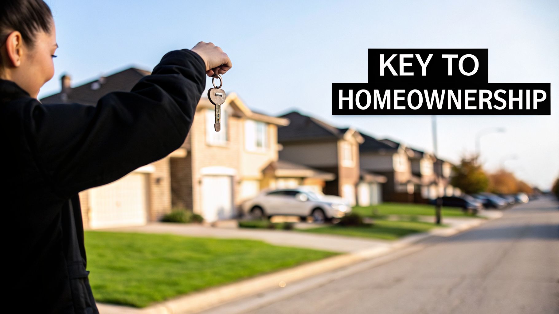 A person's hand holds up a key against a blurred background of suburban houses and a street.