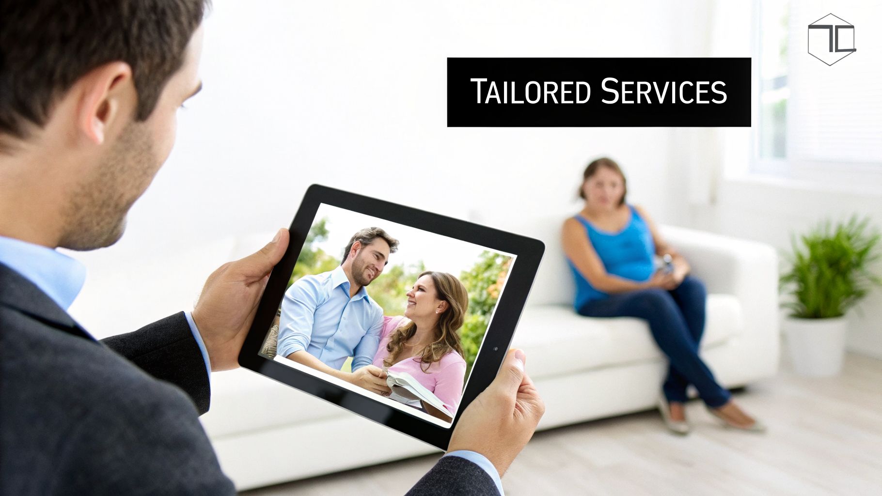 A man views a smiling couple on a tablet, with a woman sitting on a couch in the background and 'TAILORED SERVICES' text.