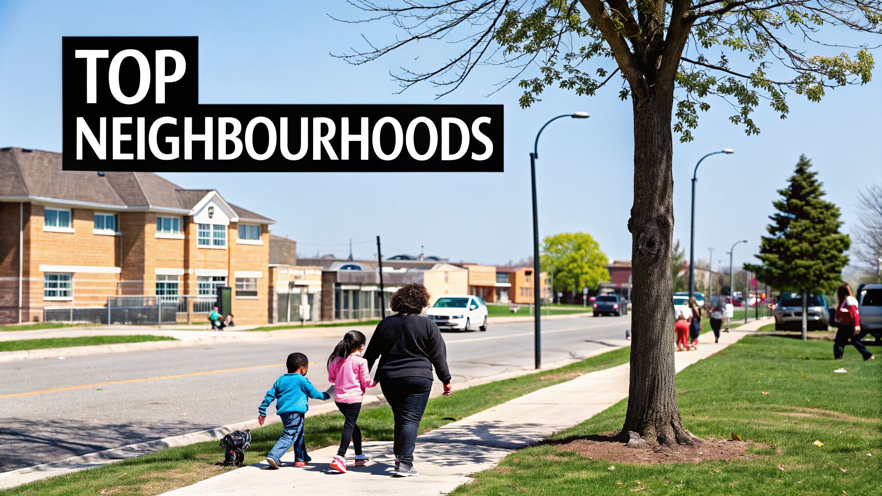 A woman and two children walk on a sunny residential street sidewalk with houses and a large tree.