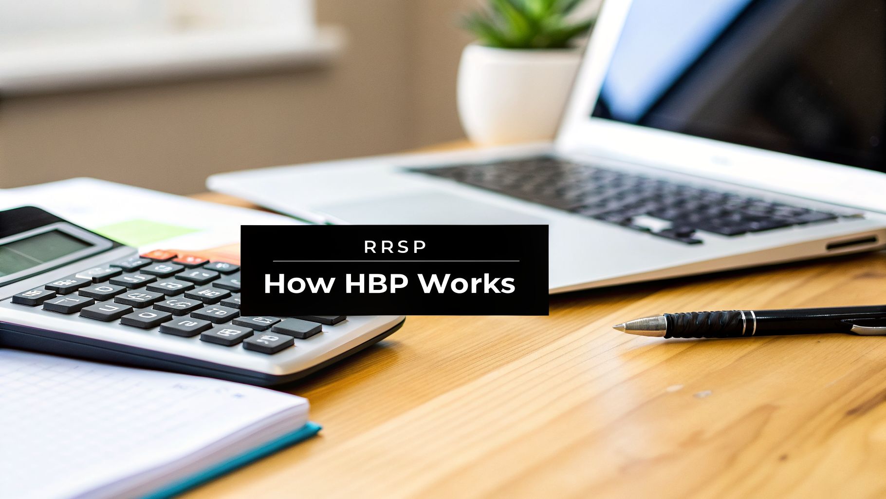 A calculator, notebook, laptop, and pen on a desk, with text 'RRSP How HBP Works'.