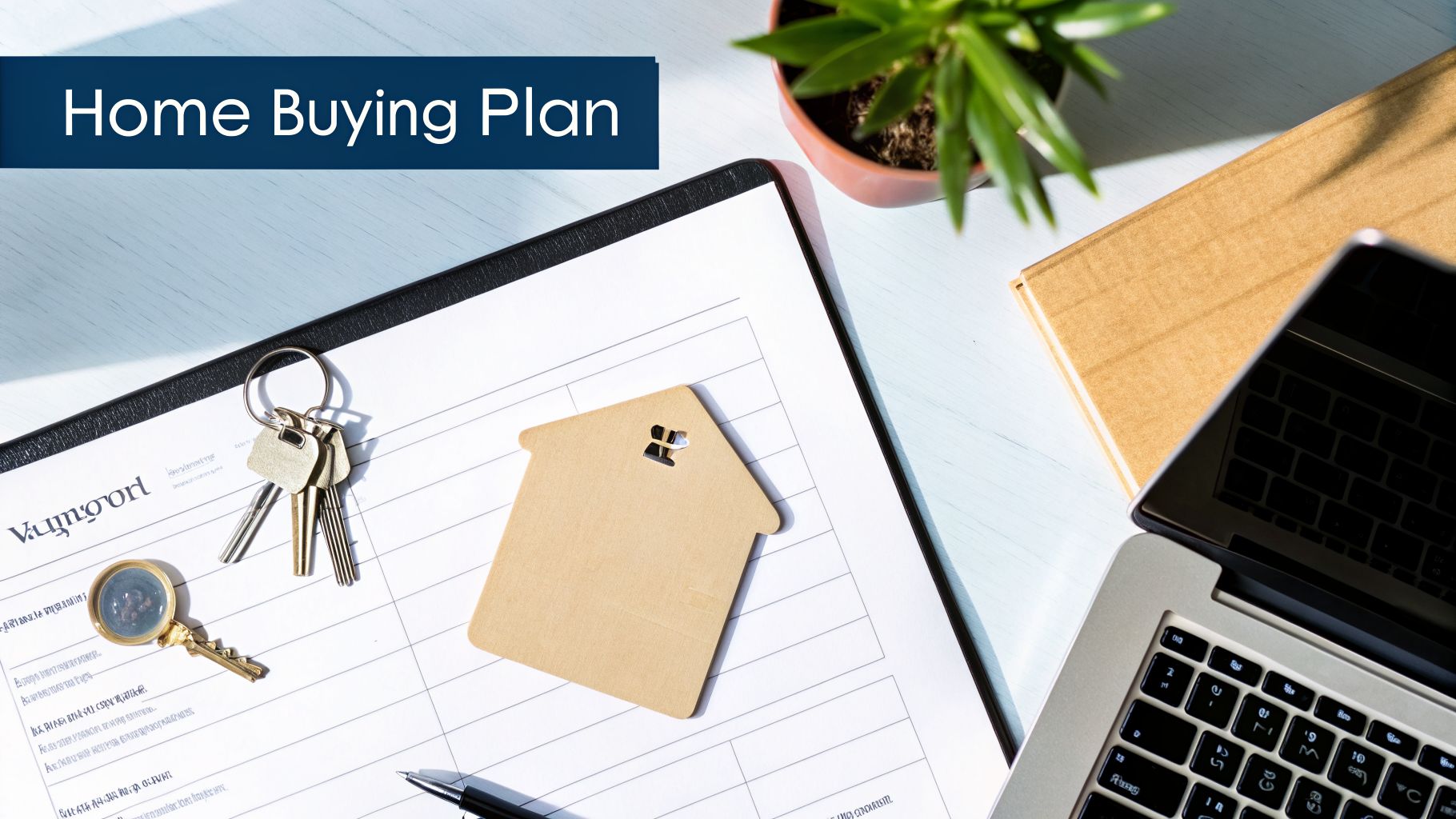 Flat lay of home buying plan documents, house keys, a house cutout, laptop, and plant.