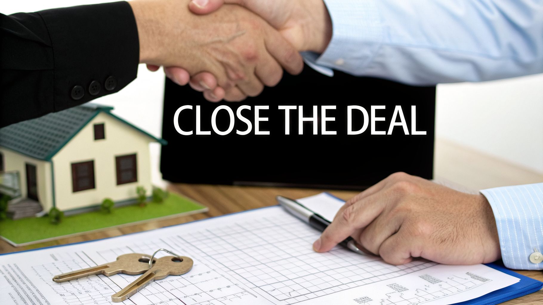 Two people shaking hands over documents, house model, and keys, symbolizing a closed property deal.