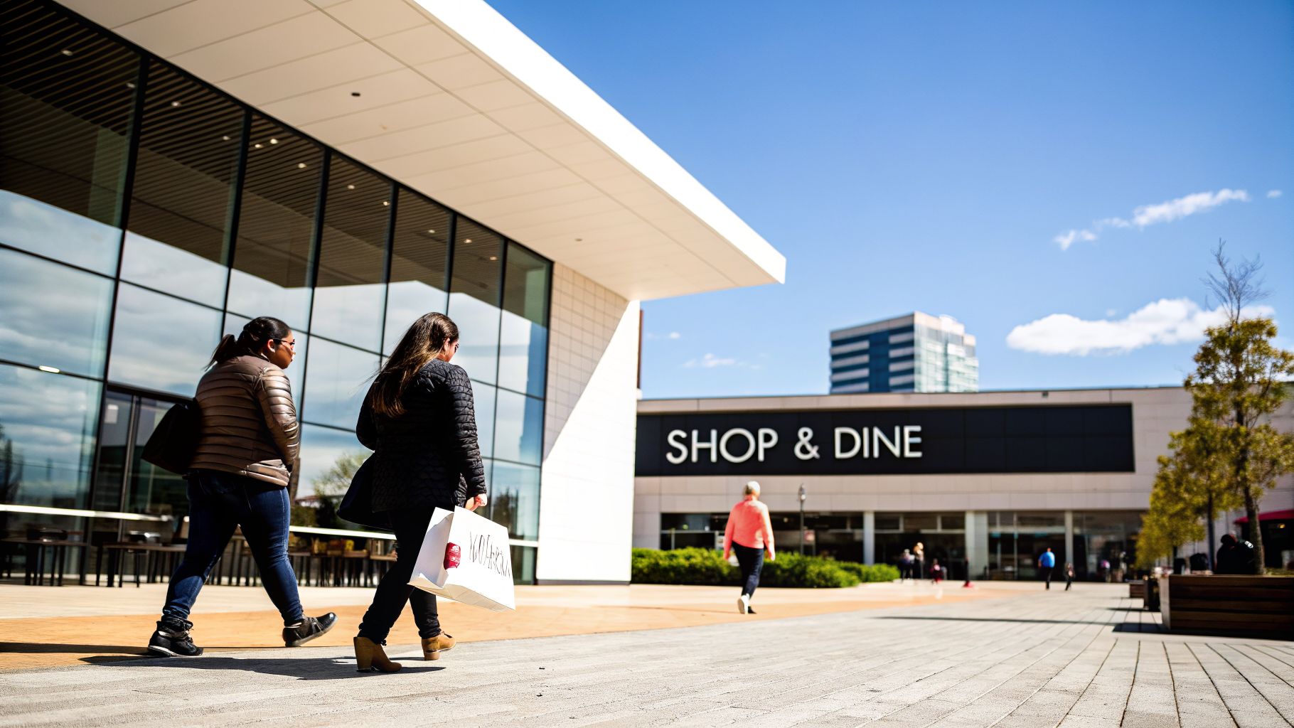 Two women walk past a modern shopping complex with 'SHOP & DINE' sign on a sunny day.