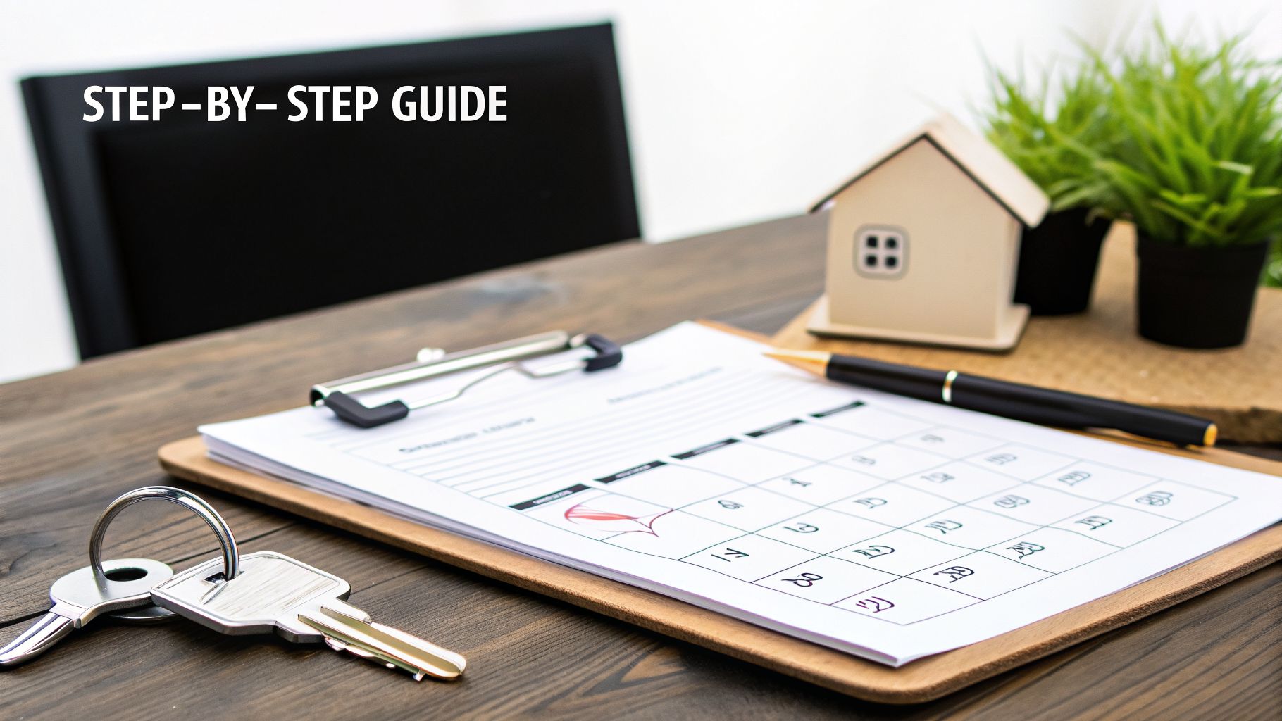 A desk with house keys, a house model, clipboard, and pen, illustrating a step-by-step real estate guide.