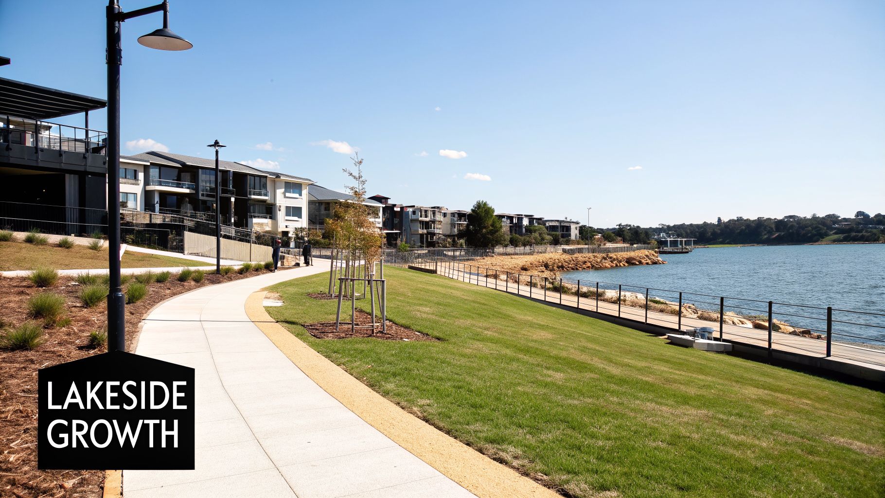A modern lakeside development featuring residential buildings, a winding pathway, green lawn, and a serene lake under a clear sky.