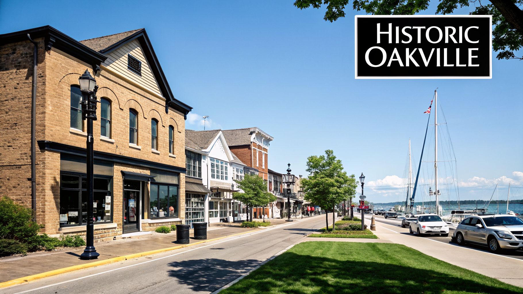 Historic Oakville street scene with brick buildings, trees, cars, and boats in the harbor.