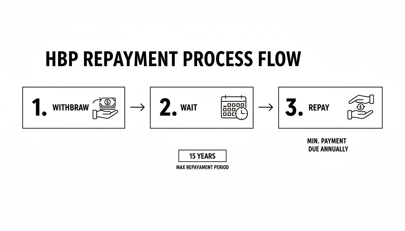 A diagram illustrating the HBP repayment process flow with steps: withdraw, wait (15 years max), and repay annually.