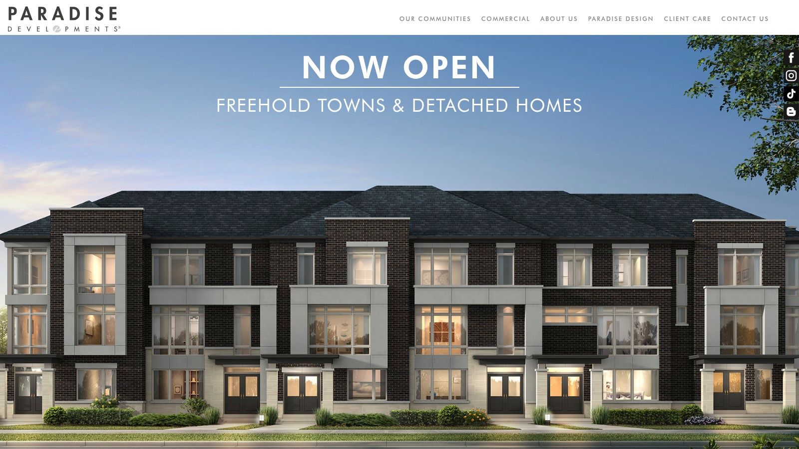 A row of modern townhomes with large windows and mixed material facades, representing the style of new builds available from Paradise Developments.