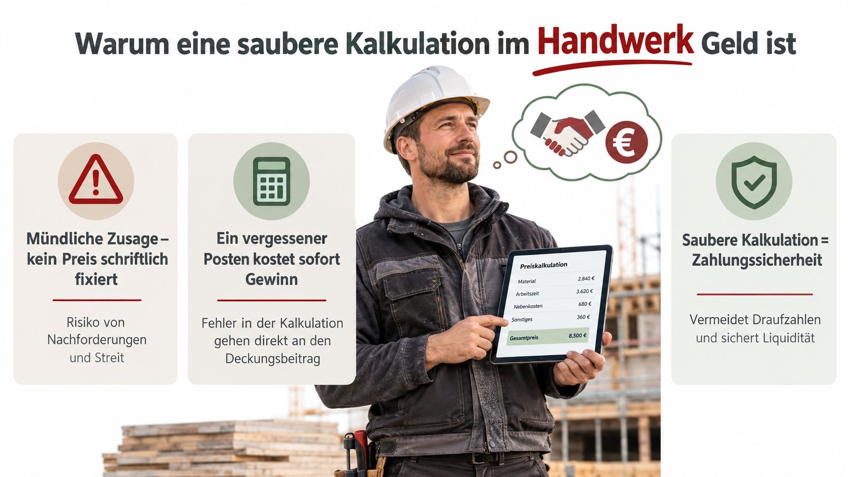 Ein Handwerker hält ein Tablet mit einer Preiskalkulation, um die Bedeutung einer sauberen Kalkulation zu verdeutlichen.