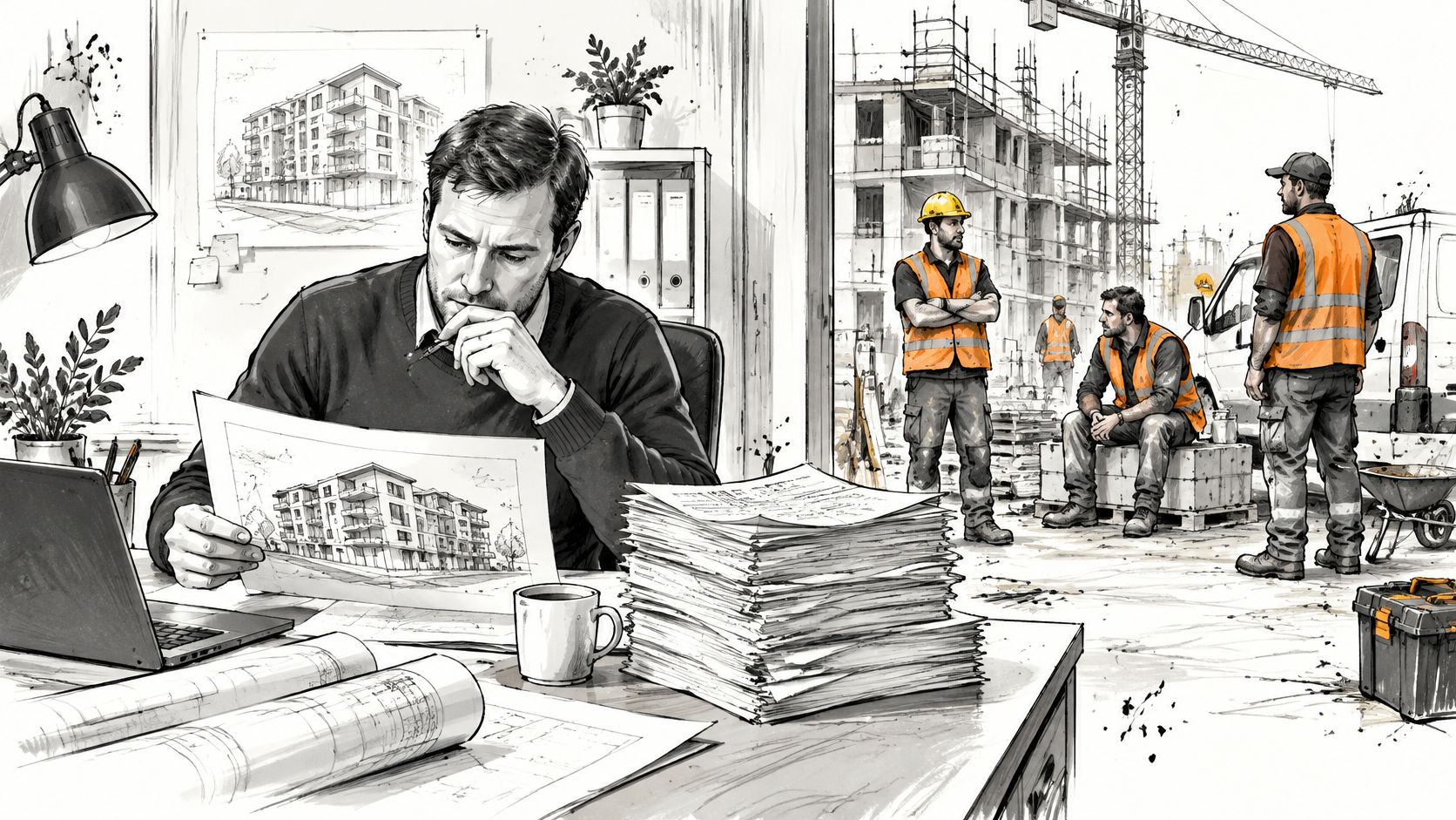 Ein Bauleiter prüft Baupläne in seinem Büro, während im Hintergrund Arbeiter auf einer Baustelle zu sehen sind.