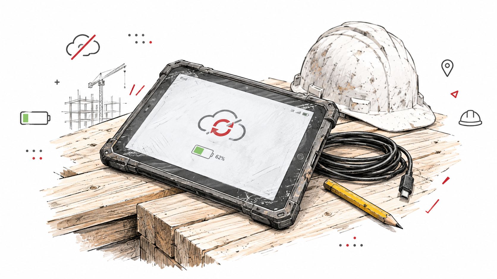Ein robustes Tablet mit Cloud-Synchronisation auf Holzbrettern neben einem Bauhelm, Kabel und einem Stift auf der Baustelle.