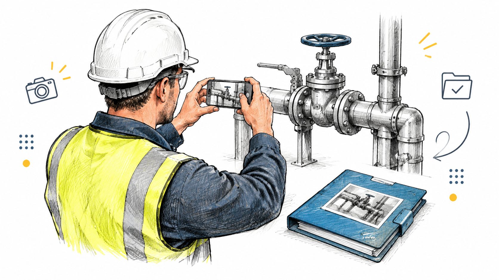 Ein Bauarbeiter mit Schutzhelm fotografiert eine Rohrleitungsanlage mit einem Smartphone zur Dokumentation für das Projektmanagement.