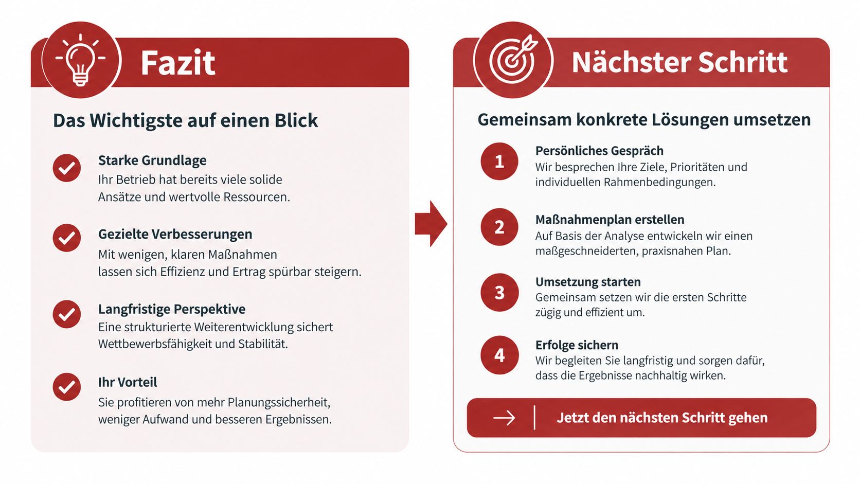 Eine Infografik mit Fazit zur Unternehmensanalyse und den nächsten konkreten Schritten für eine erfolgreiche Zusammenarbeit.
