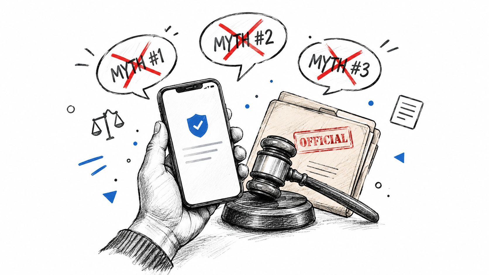 Eine Hand hält ein Smartphone neben einer Richterglocke und einer Akte mit der Aufschrift Official, Mythos-Sprechblasen darüber.