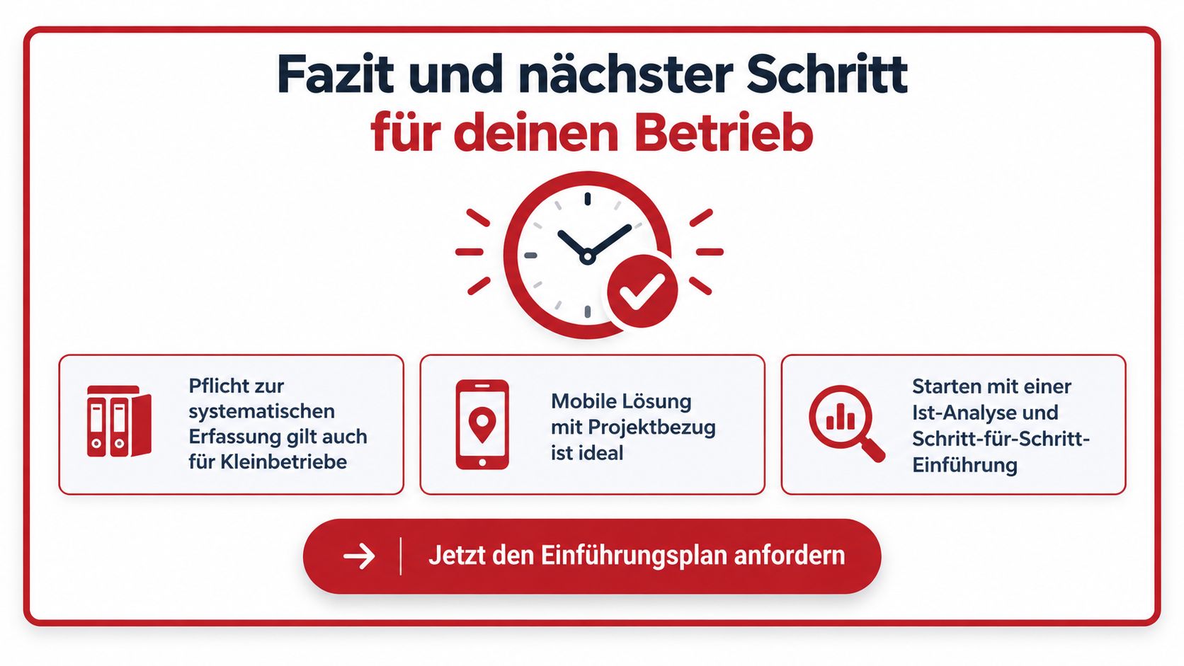 Eine Infografik mit Zusammenfassung und nächsten Schritten zur Einführung digitaler Zeiterfassung in Kleinbetrieben mit einem Handlungsaufforderungsbutton.