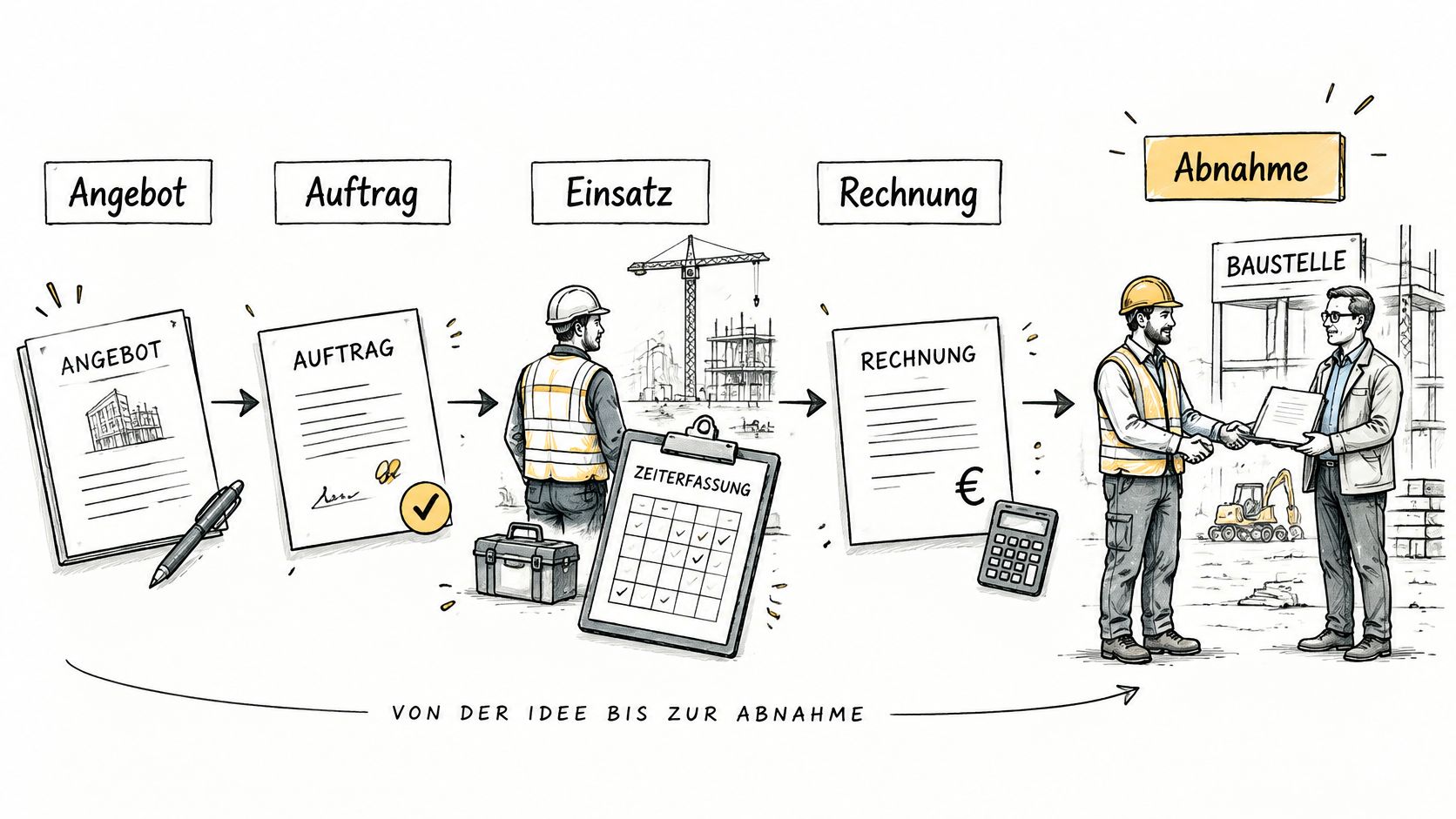 Grafische Darstellung des Bauprozesses vom Angebot über den Auftrag und Einsatz bis zur finalen Abnahme auf der Baustelle.