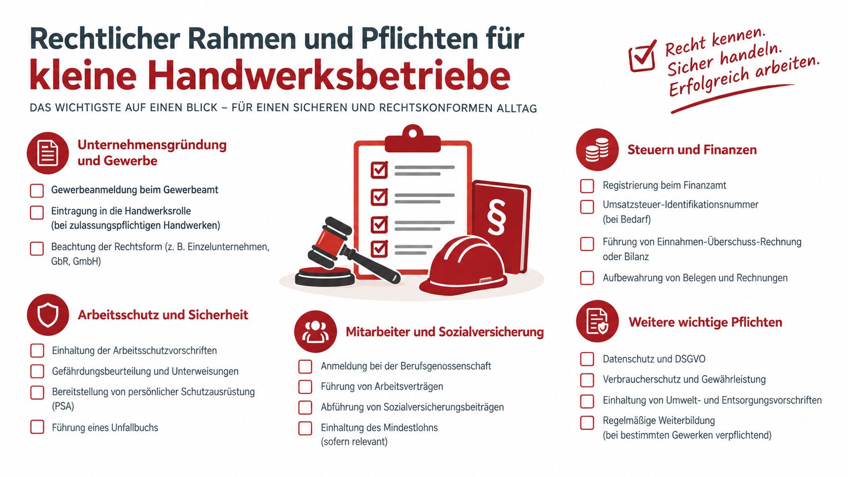 Übersichtsgrafik der rechtlichen Rahmenbedingungen und Pflichten für kleine Handwerksbetriebe in Deutschland für einen sicheren Arbeitsalltag.