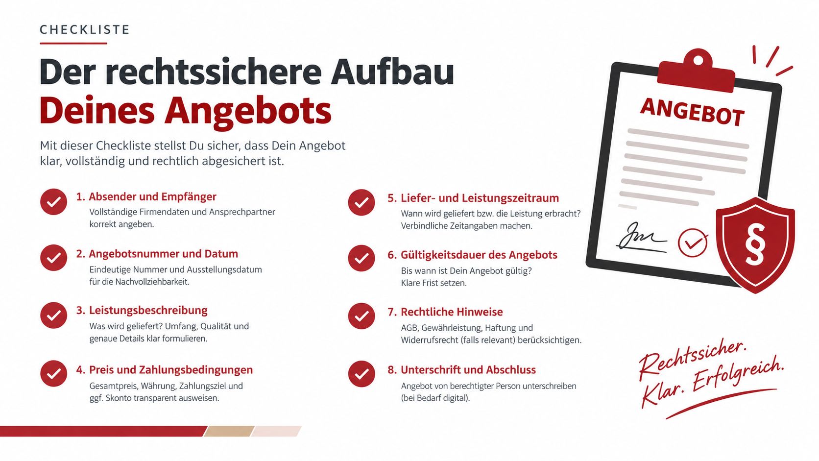 Eine Checkliste für den rechtssicheren Aufbau von Angeboten mit acht wichtigen Punkten für Unternehmen und Freiberufler.