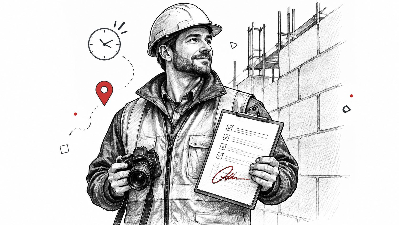 Ein Bauleiter mit Helm, Kamera und Klemmbrett steht vor einer gemauerten Wand auf einer Baustelle.