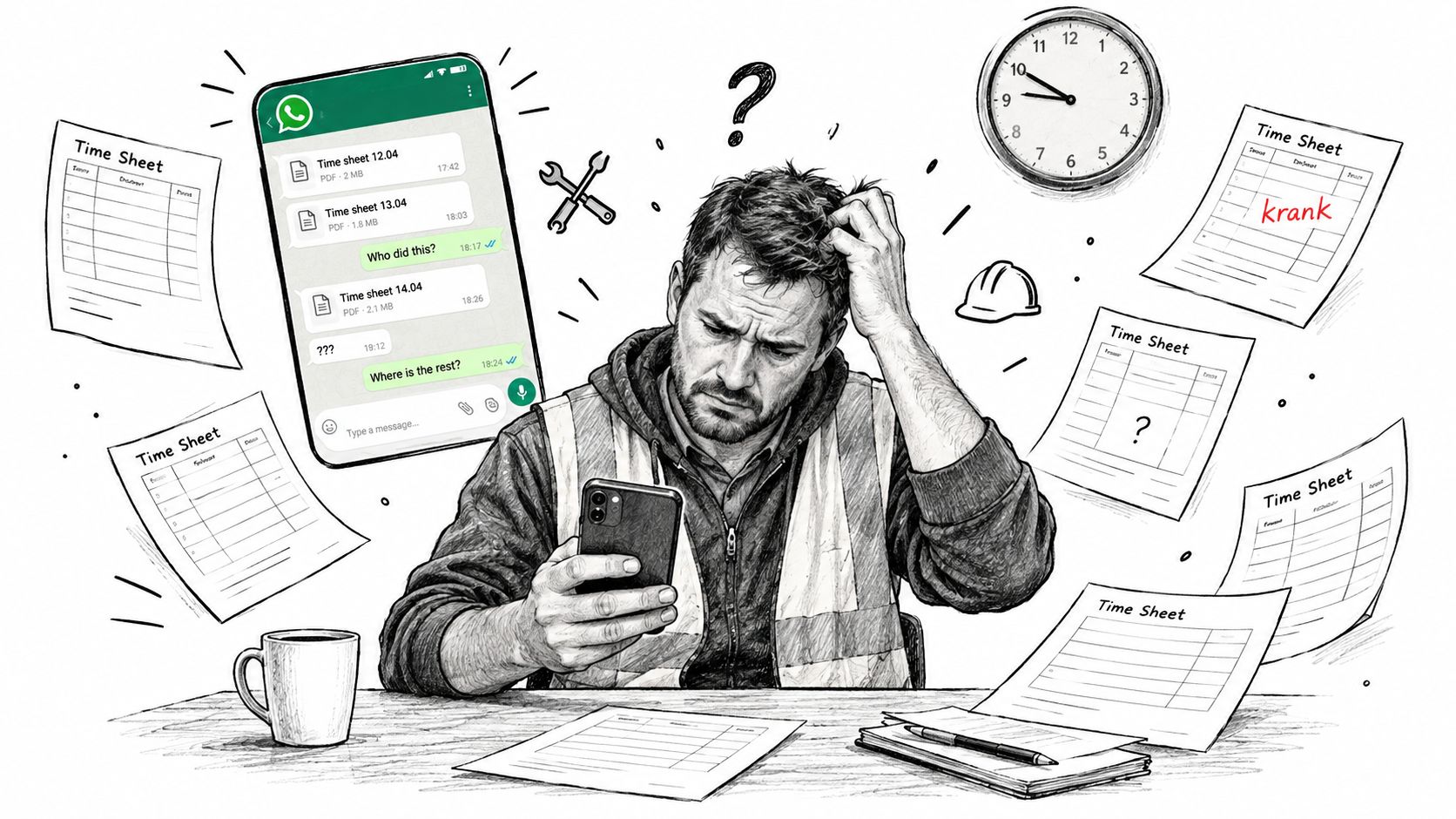 Ein überforderter Bauarbeiter starrt frustriert auf sein Smartphone, umgeben von unübersichtlichen und unvollständigen digitalen Stundenzetteln.