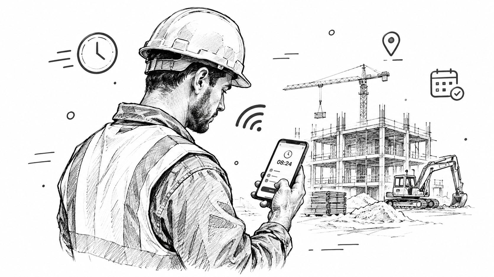 Ein Bauleiter mit Helm schaut auf eine Zeiterfassungs-App auf seinem Smartphone vor einer Baustelle mit Kran.