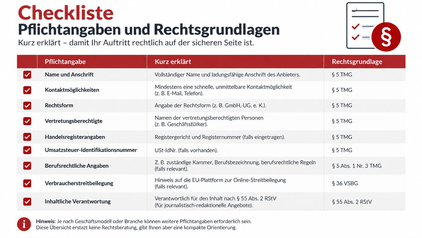 Eine Checkliste für notwendige Impressumspflichten und gesetzliche Anforderungen bei geschäftlichen Webseiten in Deutschland im Überblick.