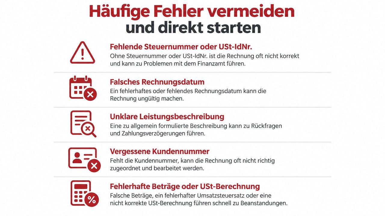 Eine Infografik, die häufige Fehler beim Schreiben von Rechnungen wie fehlende Steuernummern oder falsche Daten auflistet.