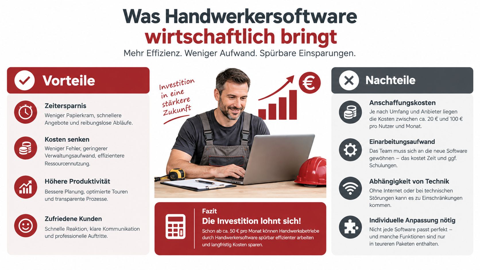 Eine Infografik, die die Vor- und Nachteile von Handwerkersoftware für Handwerksbetriebe gegenüberstellt und wirtschaftliche Vorteile hervorhebt.