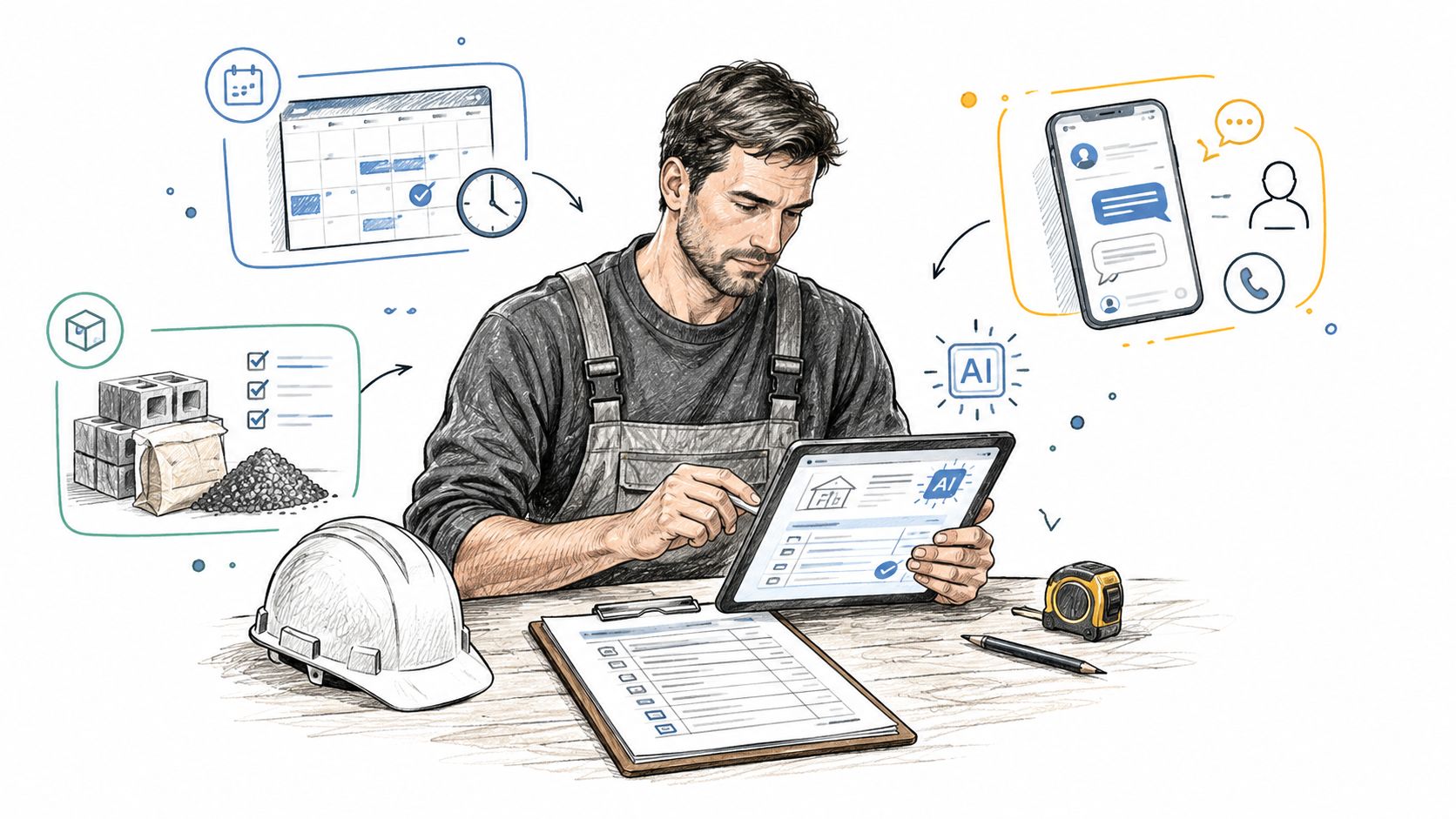 Ein Handwerker nutzt ein Tablet mit künstlicher Intelligenz für seine Projektplanung und Arbeitsorganisation auf einer Baustelle.