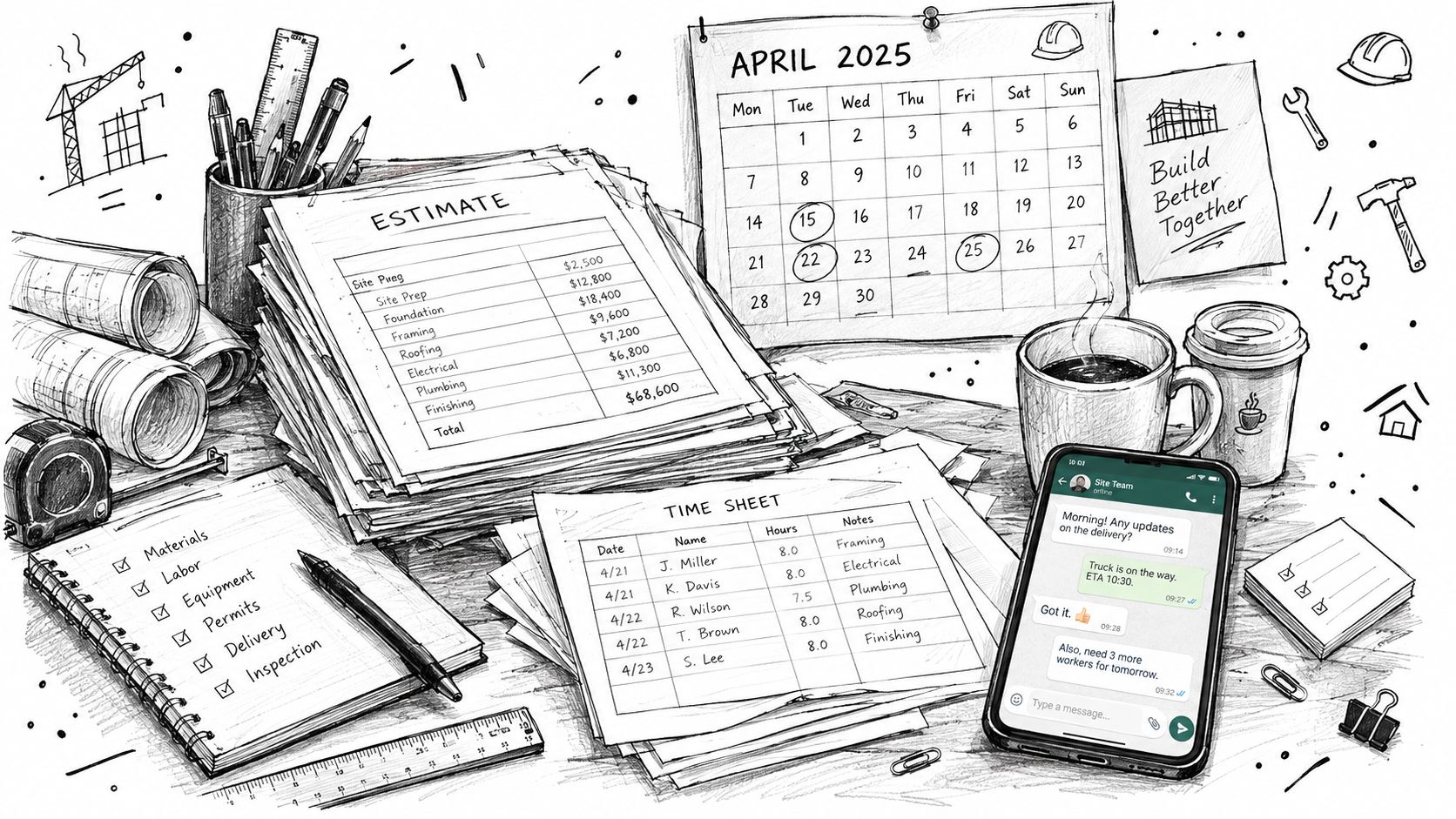 Ein Schreibtisch mit Bauplänen, einem Kostenvoranschlag, einem Kalender und einem Smartphone für das Baustellenmanagement.