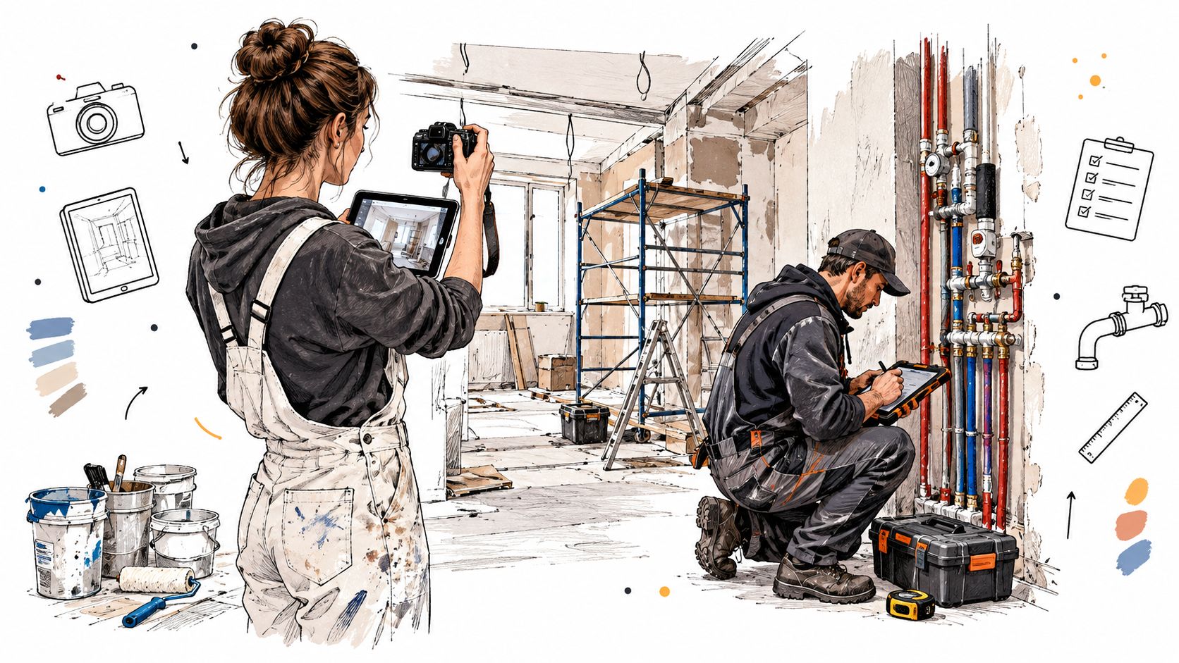 Eine Frau fotografiert eine Baustelle, während ein Handwerker die Rohrleitungen an der Wand mit einem Tablet überprüft.