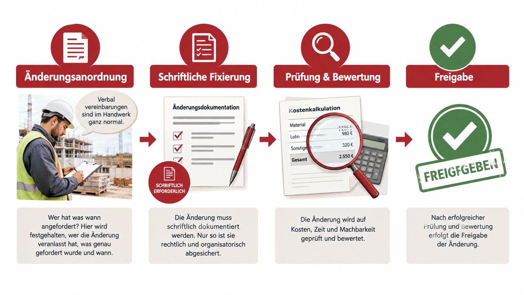 Eine Infografik über den vierstufigen Prozess von der Änderungsanordnung bis zur Freigabe im Baugewerbe.