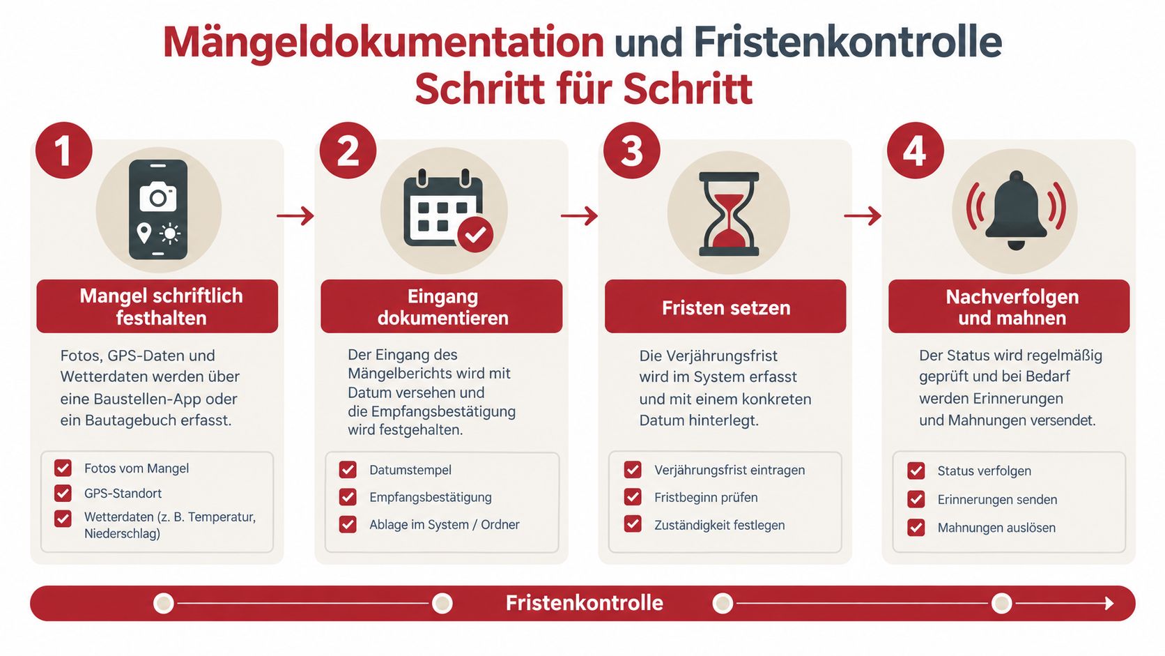 Eine Infografik mit vier Schritten zur systematischen Mängeldokumentation und Fristenkontrolle bei Bauprojekten für eine professionelle Mängelverwaltung.