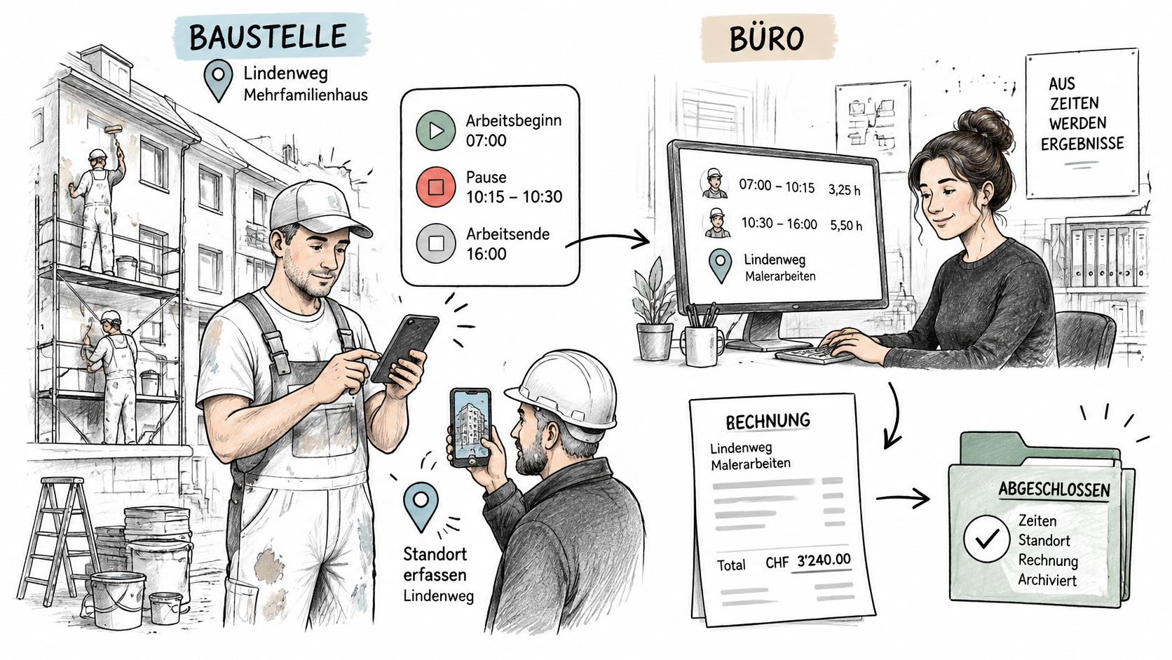 Illustration zeigt den digitalen Workflow der Zeiterfassung vom Baustellenmitarbeiter im Außendienst bis zur Rechnungsstellung im Büro.