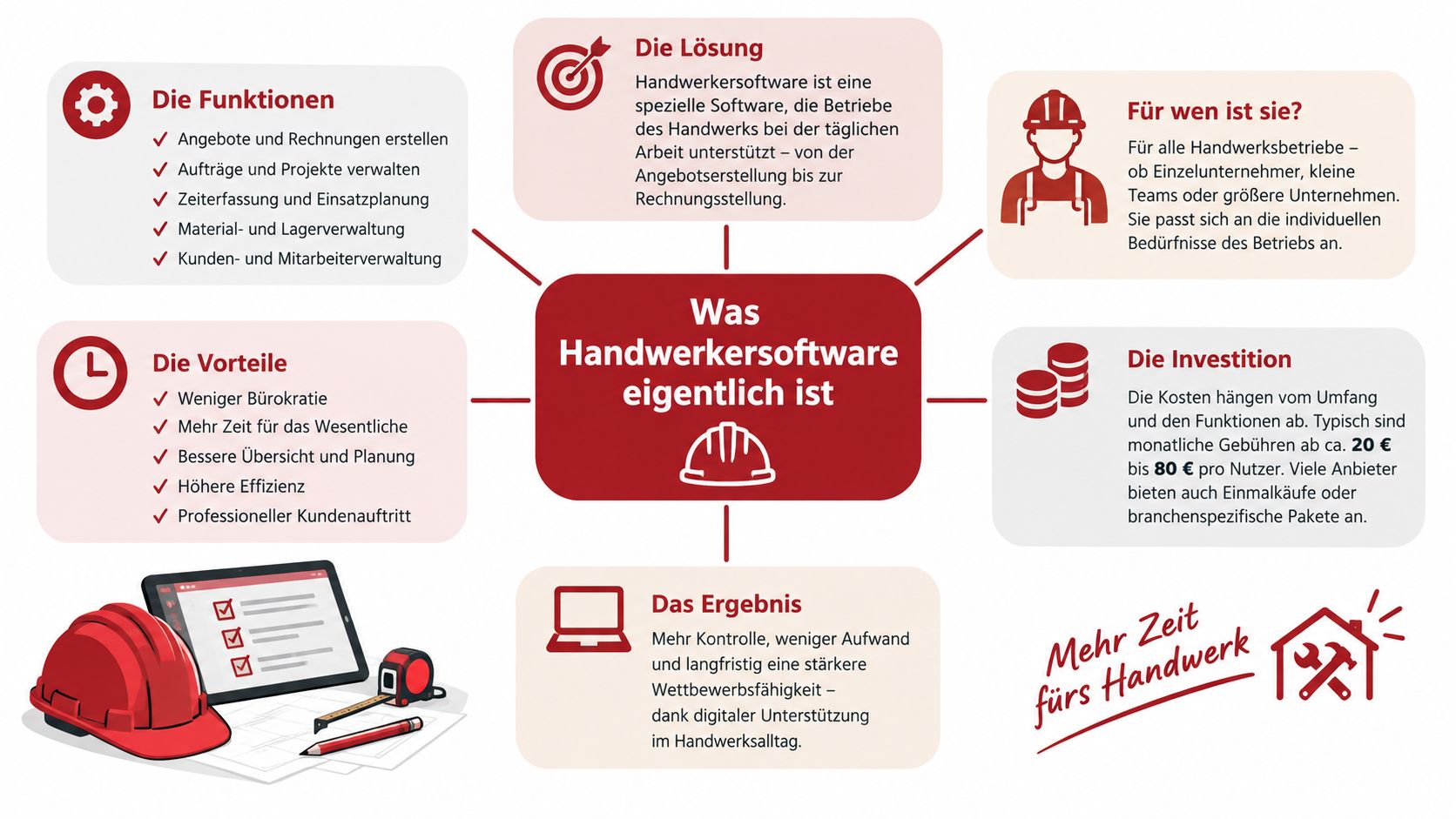 Eine Übersichtsgrafik, die die Funktionen, Vorteile und Kosten von Handwerkersoftware für Handwerksbetriebe anschaulich erklärt.